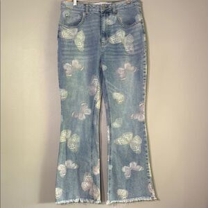 Tinseltown Blue Flare Jeans with Heart Print